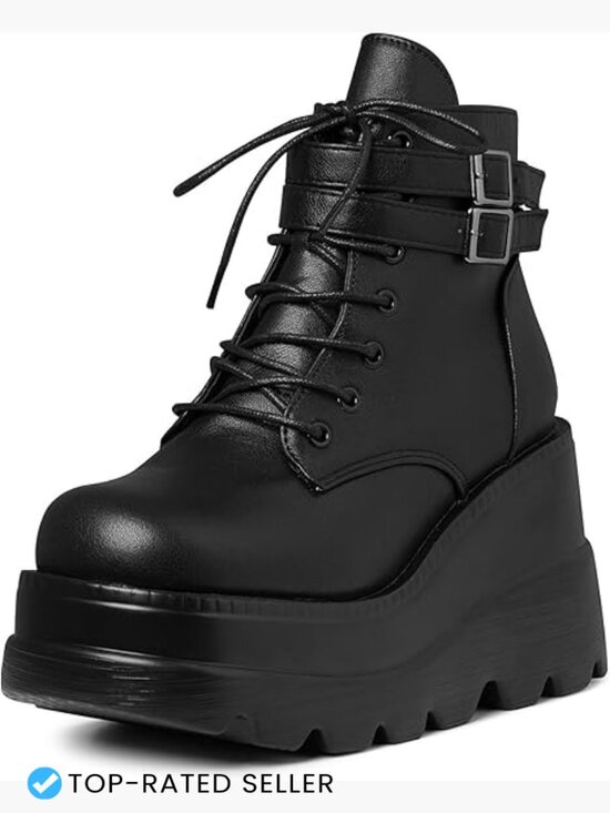 Shoes - Chunky Platform Ankle Boots Lace Up Goth Combat Wedge Heel Bootie Y2K